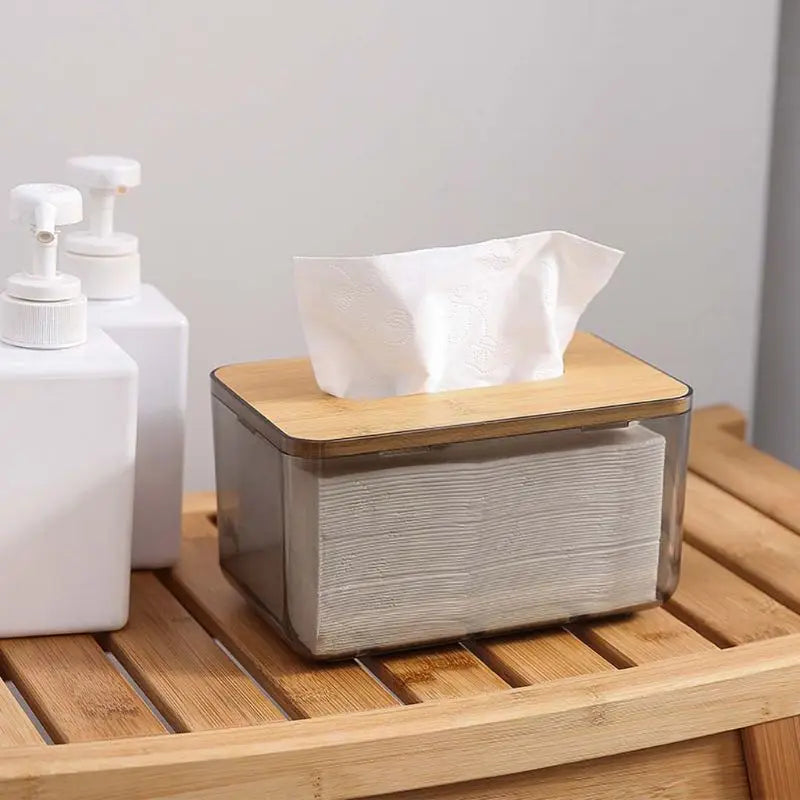 Caja de pañuelos de plástico con cubierta de madera de bambú, dispensador de papel, estuche de almacenamiento para el hogar