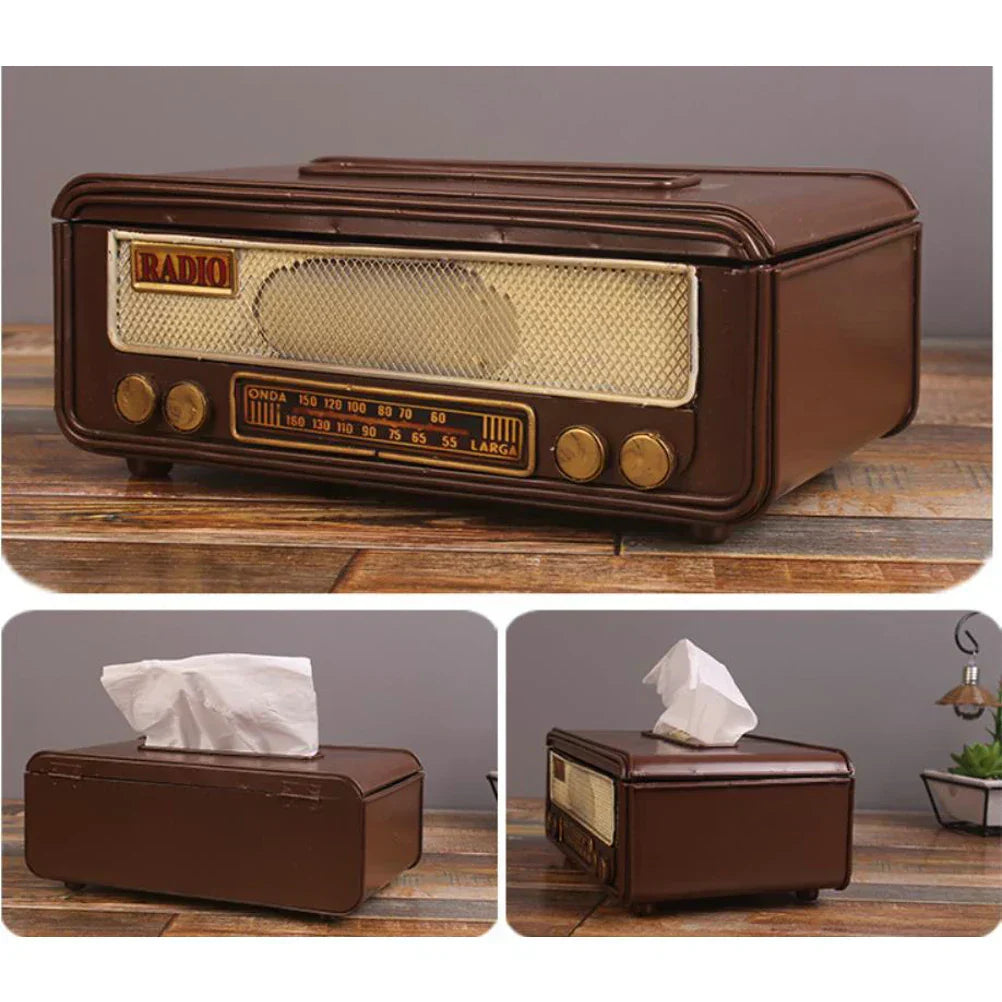 Caja de papel de seda con forma de radio retro, caja para guardar servilletas, contenedor para toallas de papel, estuche para toallas de papel para el hogar, bar y oficina.