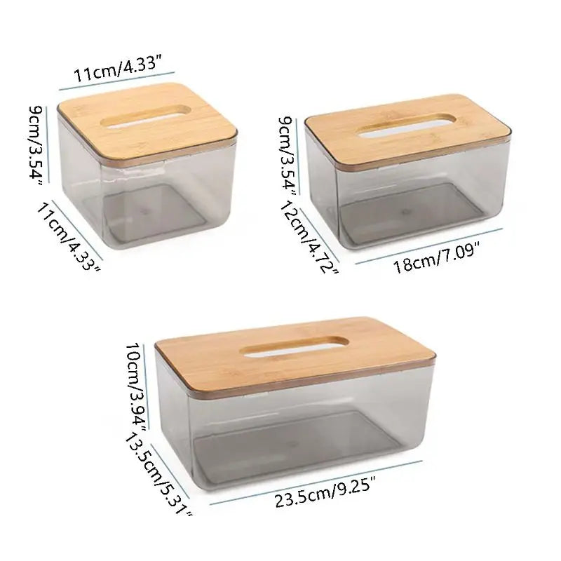 Caja de pañuelos de plástico con cubierta de madera de bambú, dispensador de papel, estuche de almacenamiento para el hogar