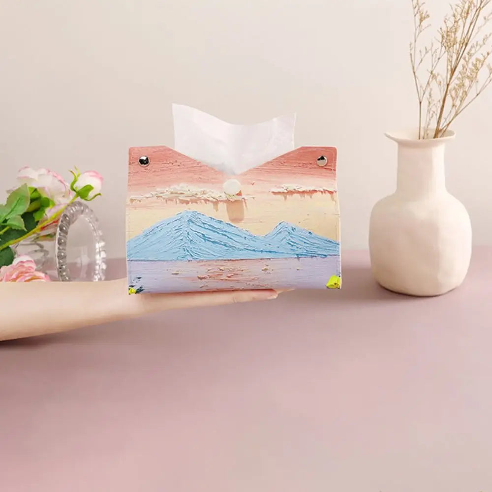 Estuche de pañuelos de cuero rosa estético, grande, para guardar toallas de papel con pintura al óleo, creativo y duradero, para el hogar
