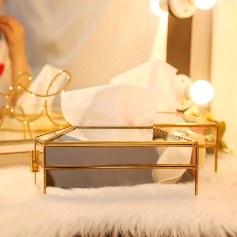 Caja de pañuelos de cristal con espejo de estilo europeo de lujo, impermeable, soporte para toallas de papel, bandeja para tocador, decoración del hogar