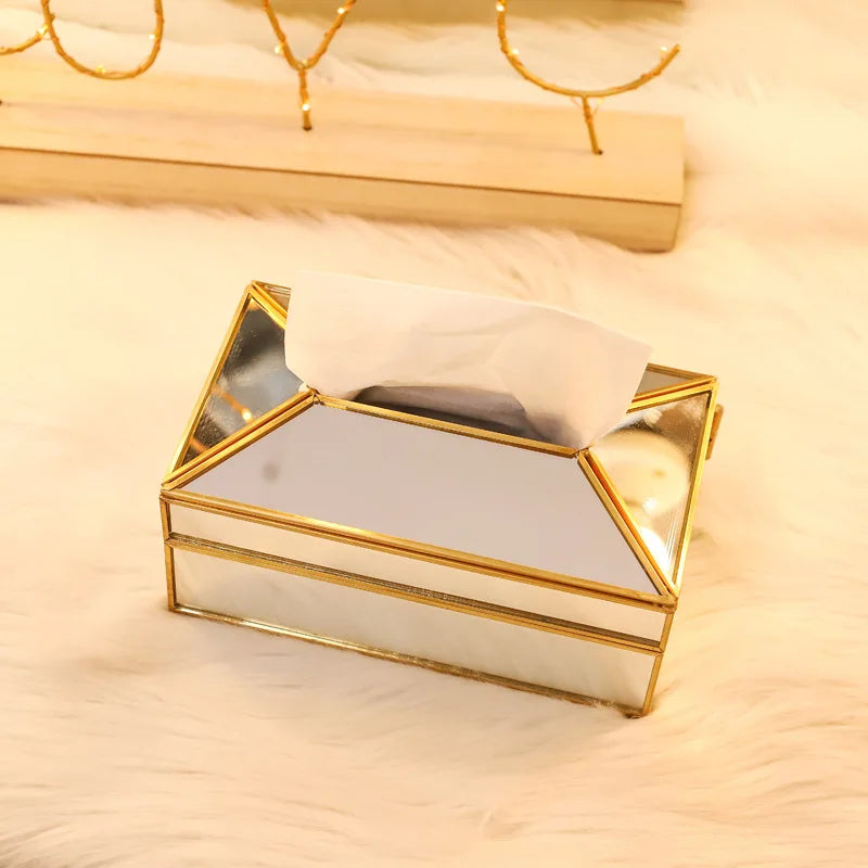 Caja de pañuelos de cristal con espejo de estilo europeo de lujo, impermeable, soporte para toallas de papel, bandeja para tocador, decoración del hogar