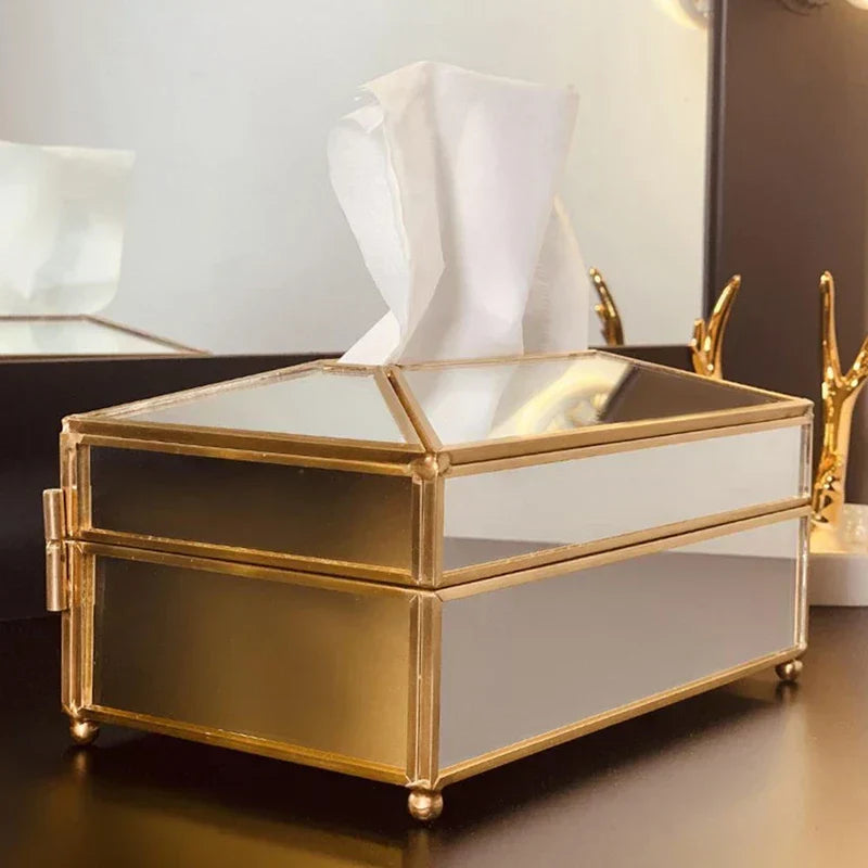 Caja de pañuelos de cristal con espejo de estilo europeo de lujo, impermeable, soporte para toallas de papel, bandeja para tocador, decoración del hogar