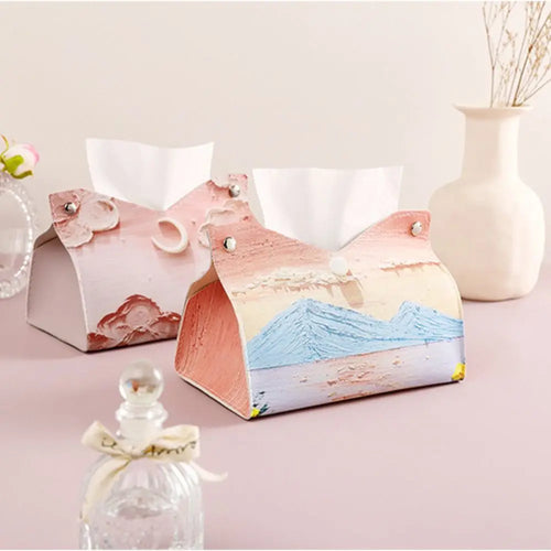 Estuche de pañuelos de cuero rosa estético, grande, para guardar toallas de papel con pintura al óleo, creativo y duradero, para el hogar