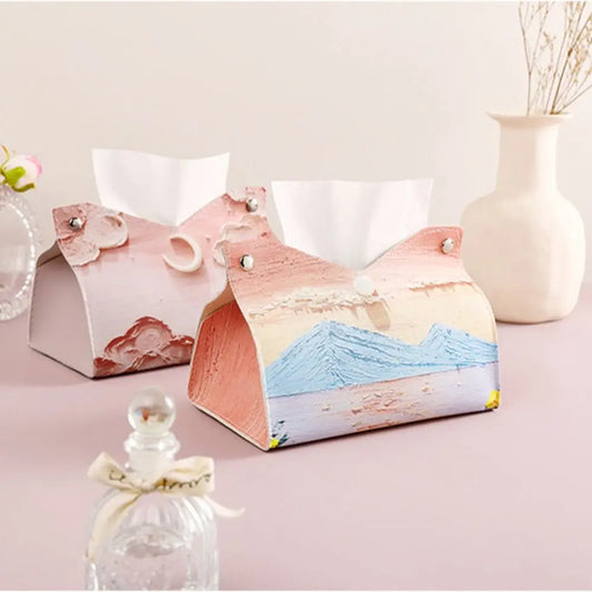 Estuche de pañuelos de cuero rosa estético, grande, para guardar toallas de papel con pintura al óleo, creativo y duradero, para el hogar