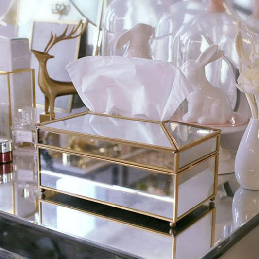 Caja de pañuelos de cristal con espejo de estilo europeo de lujo, impermeable, soporte para toallas de papel, bandeja para tocador, decoración del hogar
